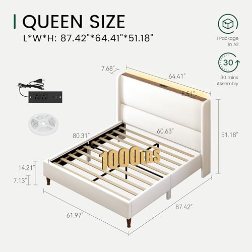 Queen Size Linen Upholstered Platform Bed Frame with Storage Shelf O889