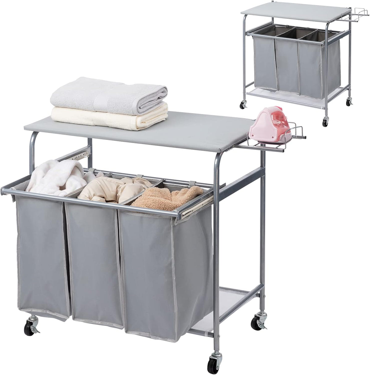 Laundry Sorter Cart with Ironing Board Rack, 3 Bags, 4 Wheels, Black F176