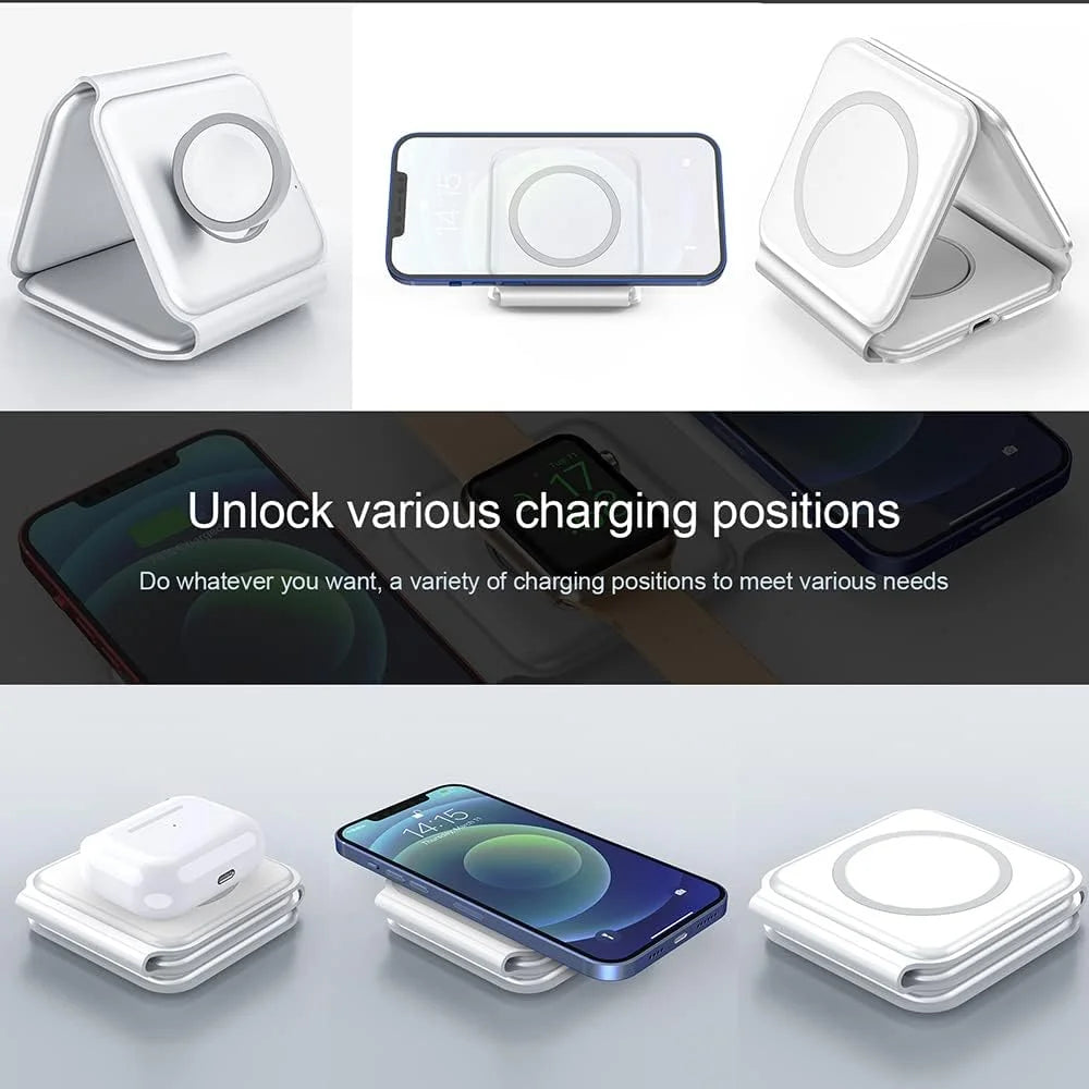 3 in 1 Magnetic Wireless Charging Stand with Cable for iPhone AirPods iWatch Android, White S131