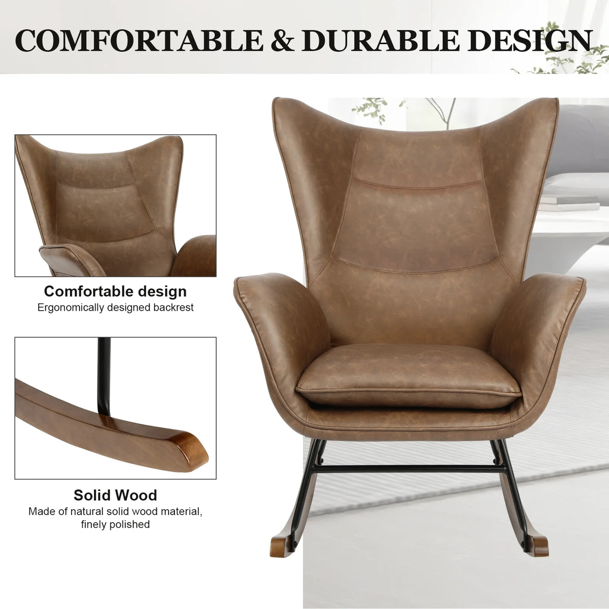 Brown PU Leather Rocker Glider Chair with Wooden Base J403348