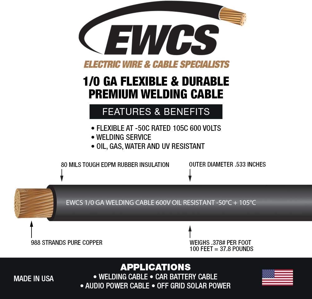 1/0 Gauge Welding Cable 600 Volt Black 50 Feet W349