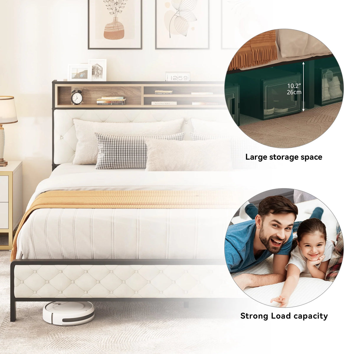 Queen Size Beige Bed Frame with Charging Station and Storage Headboard X3009