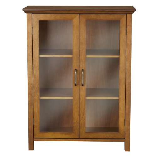 Oiled Oak Wooden Freestanding Floor Cabinet with 2 Adjustable Shelves and 2 Glass Paneled Doors U2275