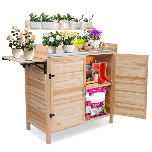 Foldable Wooden Potting Bench with Storage Cabinet C20861