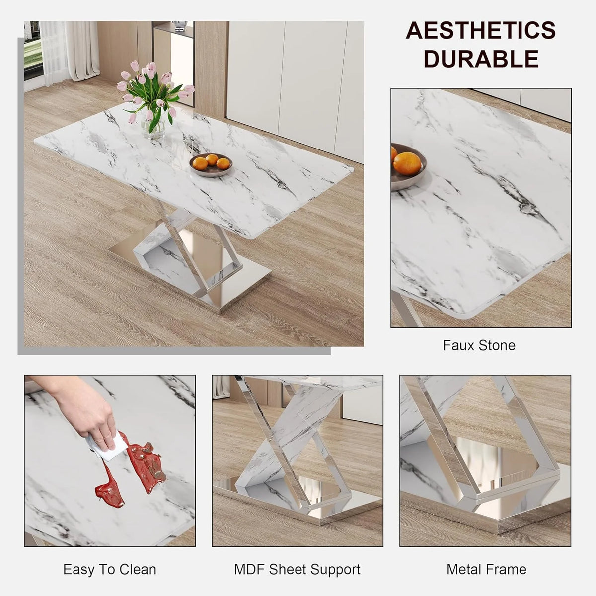 Black Faux Marble Dining Table Set of 4 with Chairs O88140