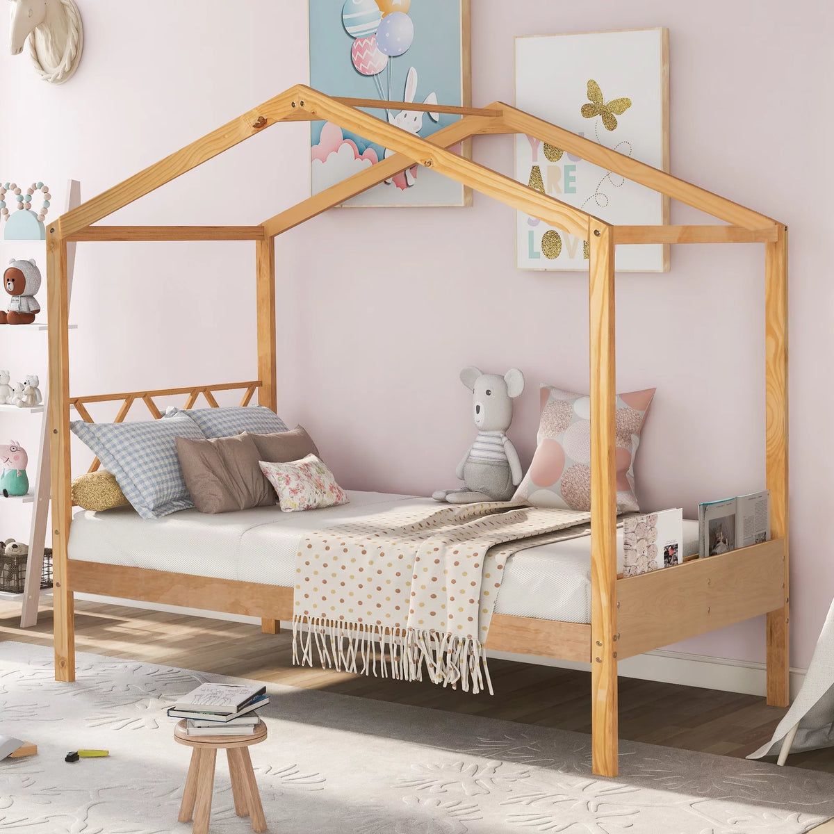 Twin Size Wood House Bed with Storage R8259