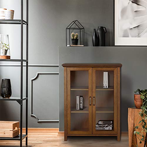 Oiled Oak Wooden Freestanding Floor Cabinet with 2 Adjustable Shelves and 2 Glass Paneled Doors U2275