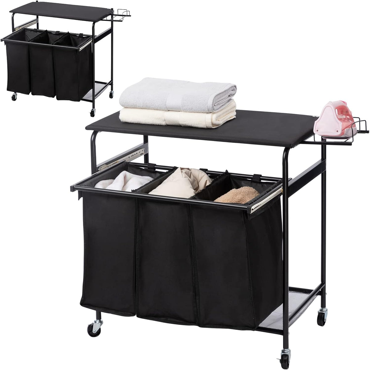 Laundry Sorter Cart with Ironing Board Rack, 3 Bags, 4 Wheels, Black F176