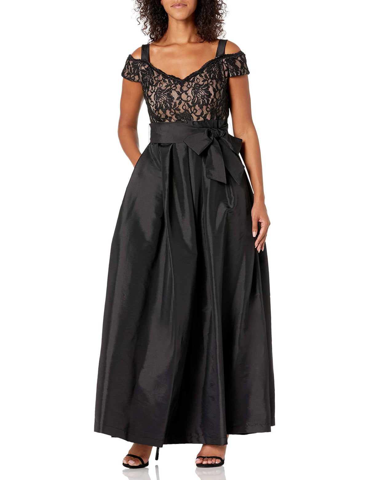 Black Taupe Lace Cold-Shoulder Gown V3925