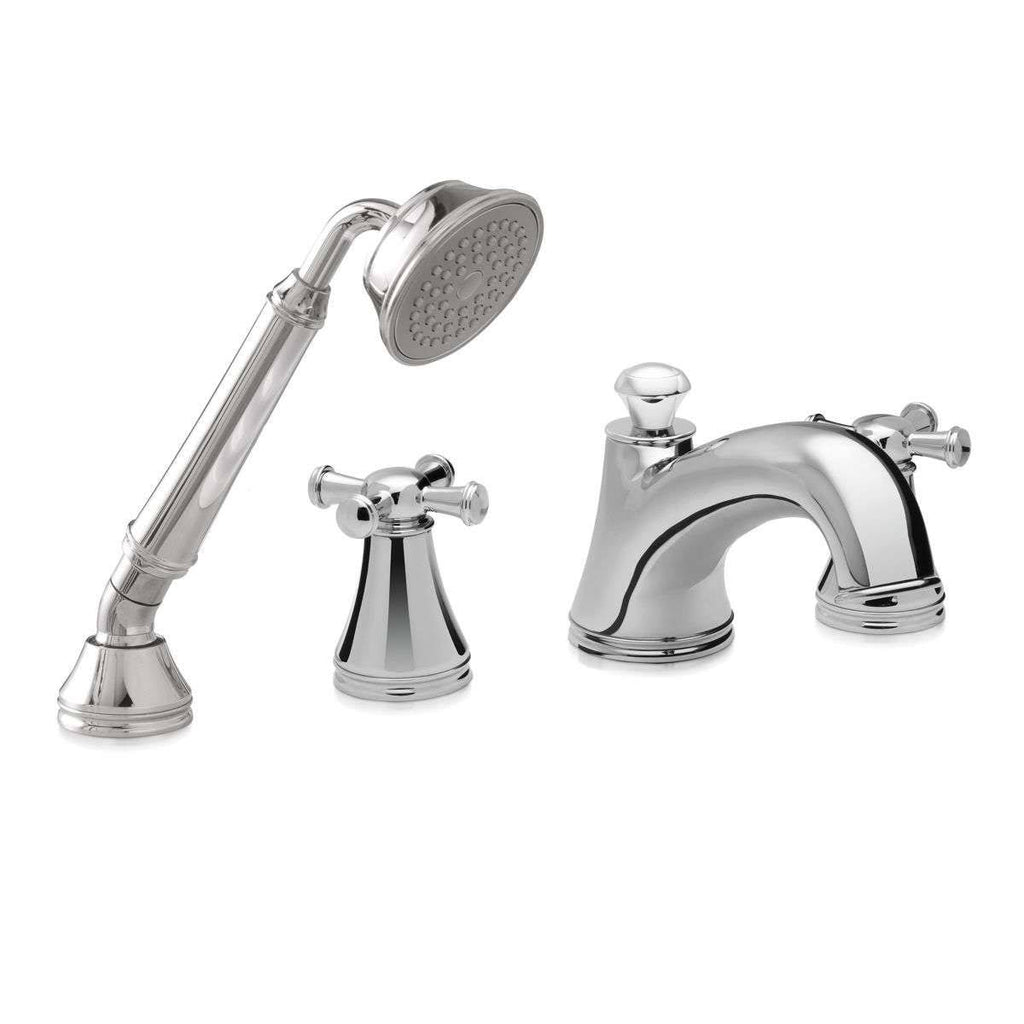 Brushed Nickel Deck-Mount Tub Filler Trim with Cross Handles and Handshower Z57625