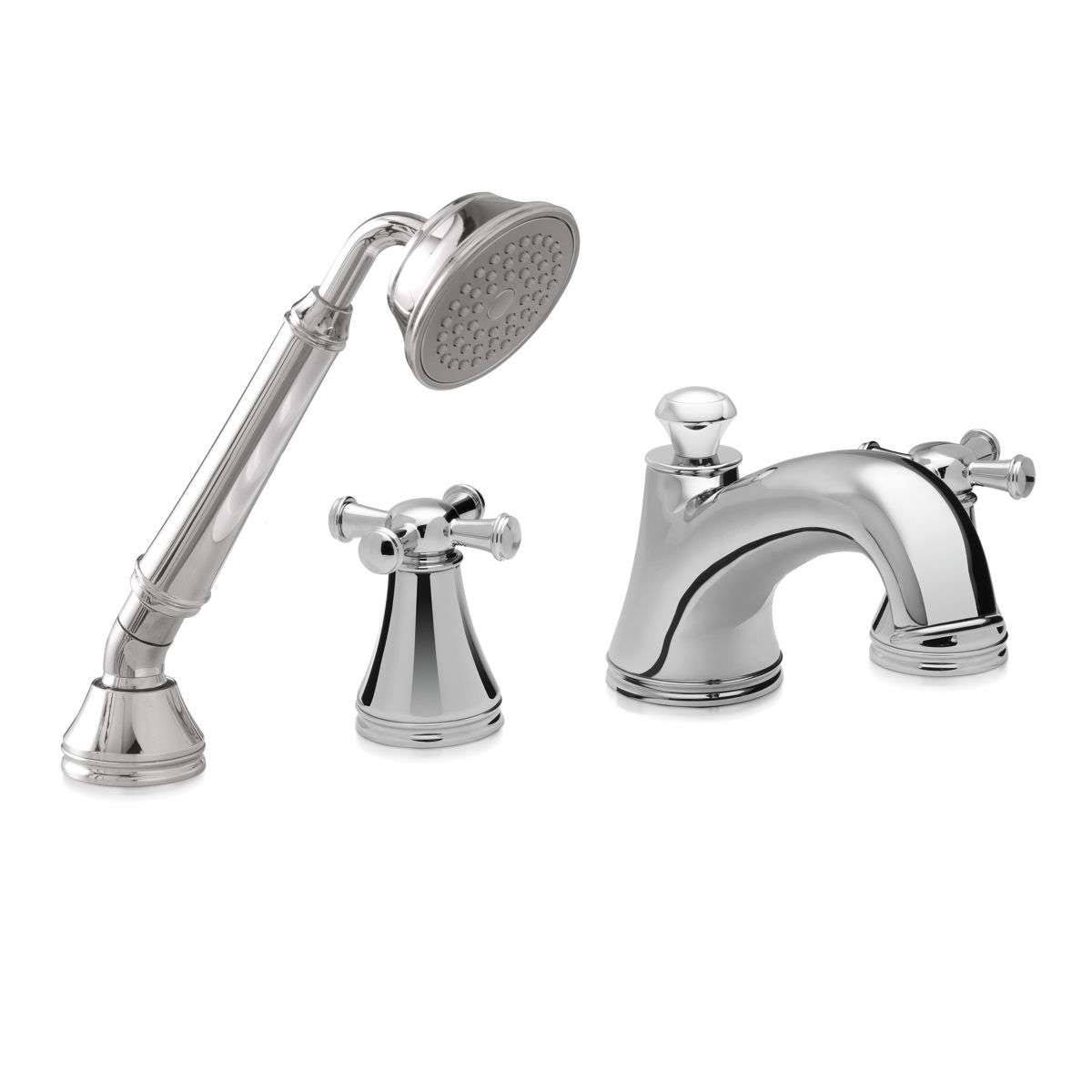 Brushed Nickel Deck-Mount Tub Filler Trim with Cross Handles and Handshower Z57625