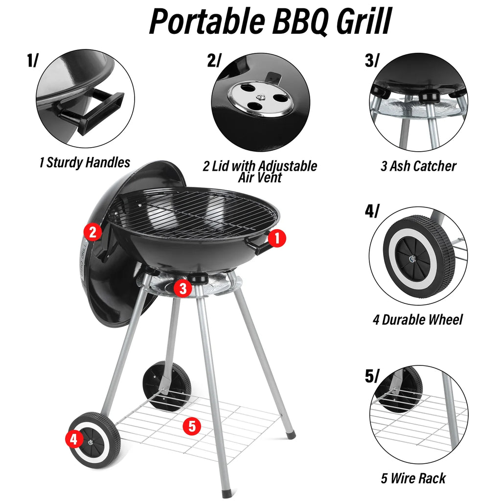 Charcoal Grills, Portable BBQ Kettle Grill, Heavy Duty Coal Grills, Black N38530