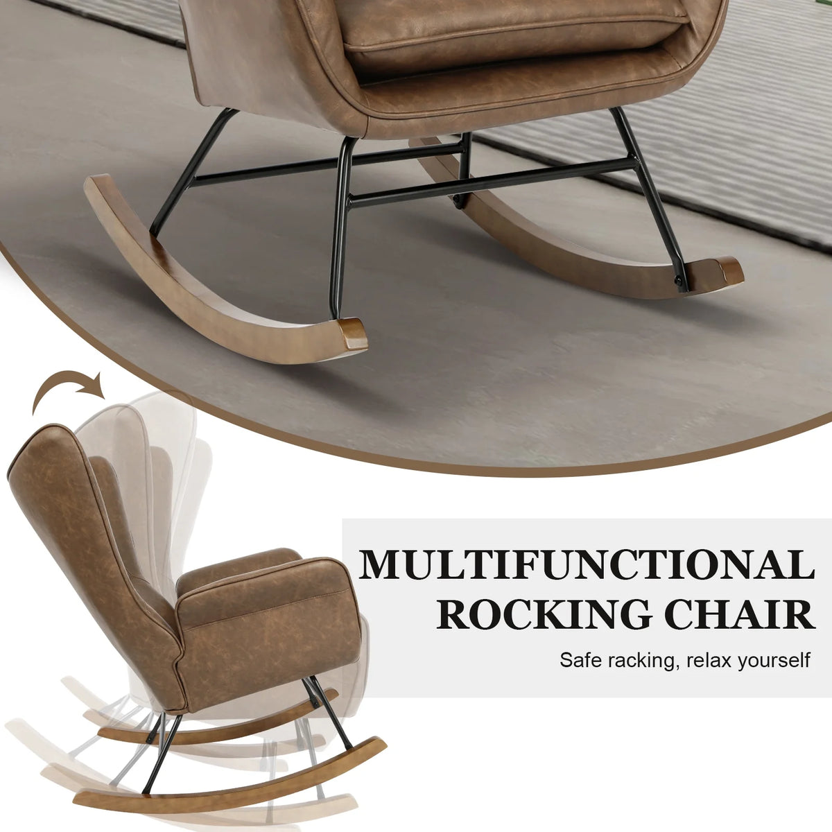 Brown PU Leather Rocker Glider Chair with Wooden Base J403348