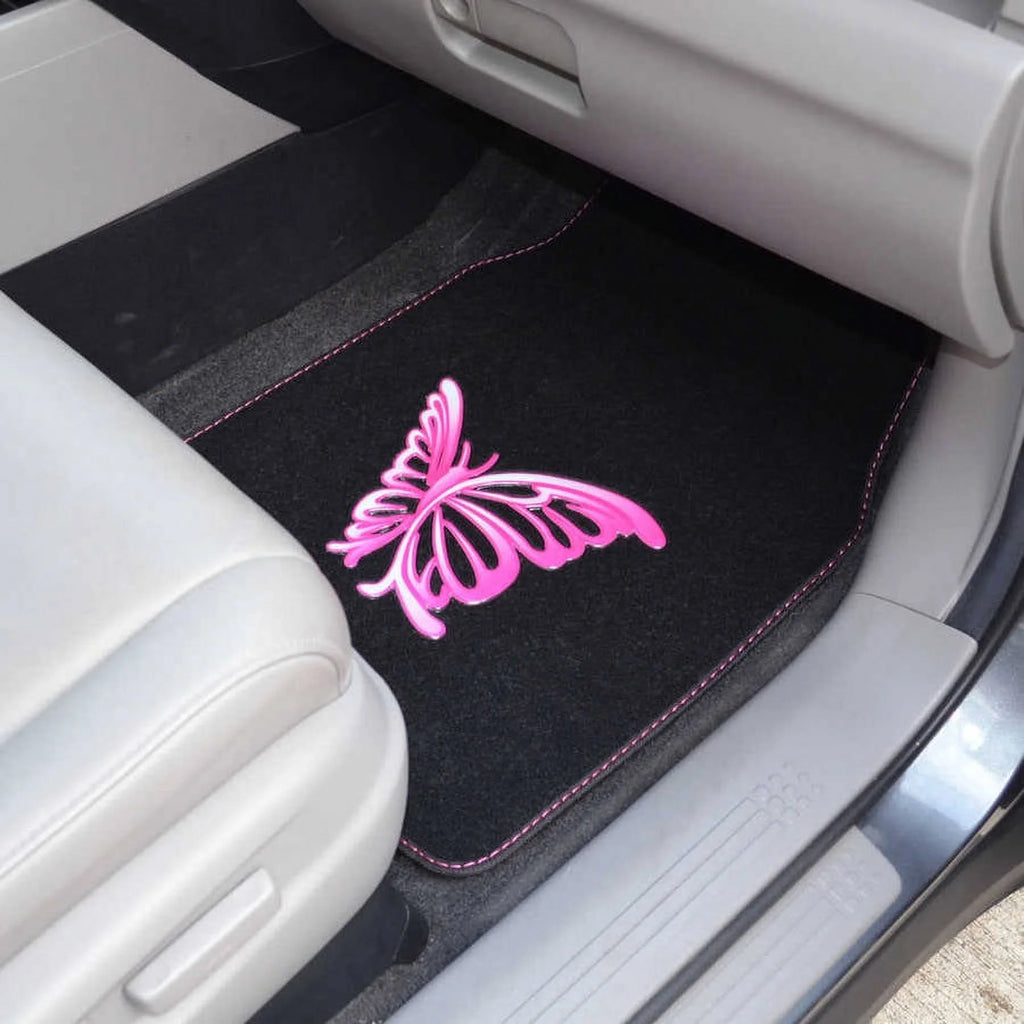 Pink Butterfly Design Carpet Car Floor Mats Full Set with Rubber Backing C1952