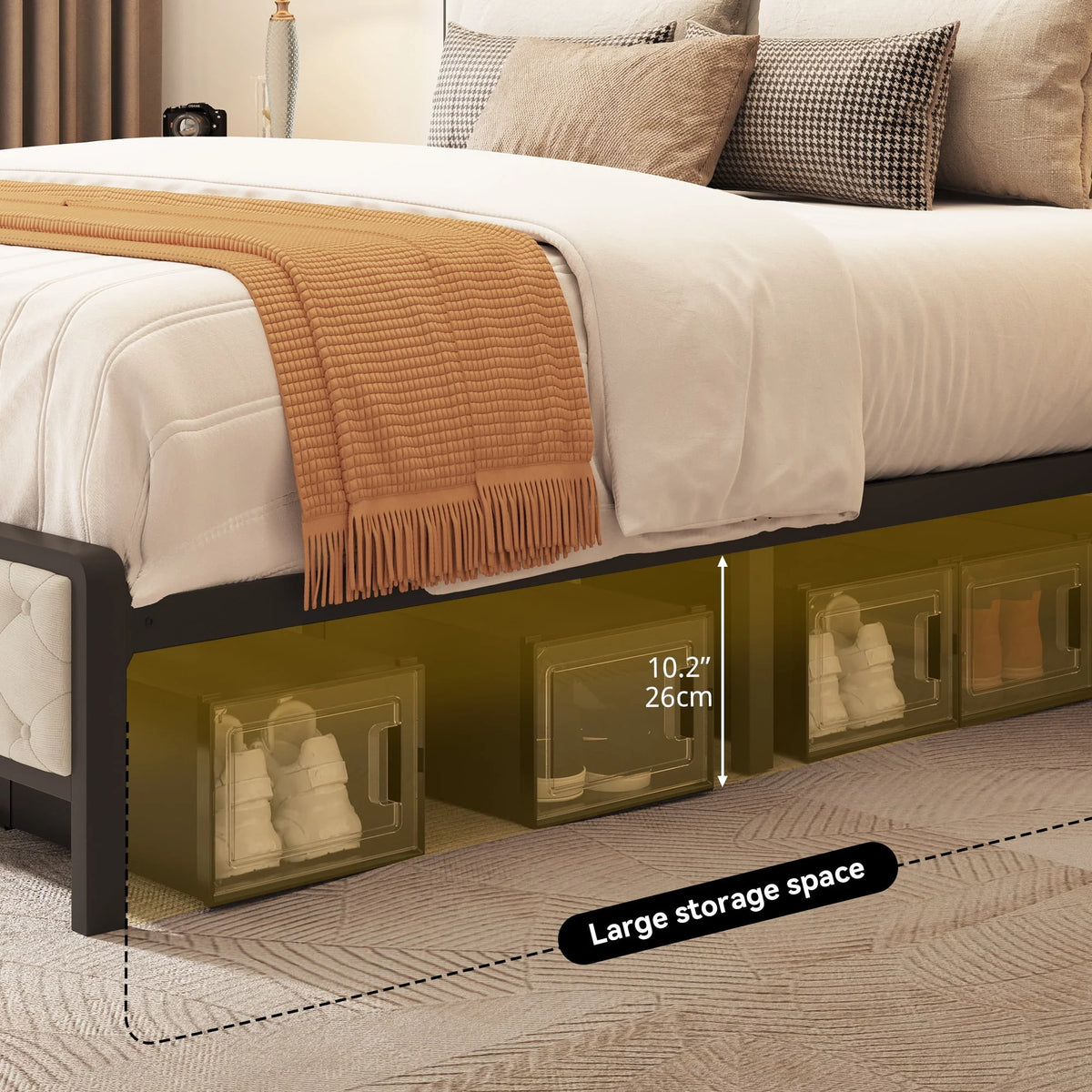 Queen Size Beige Bed Frame with Charging Station and Storage Headboard X3009