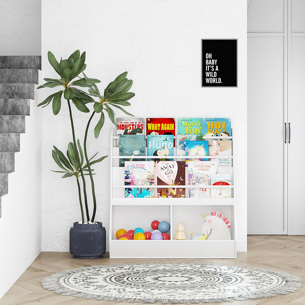 White Wooden Kids Bookshelf and Toy Storage Cabinet W78317