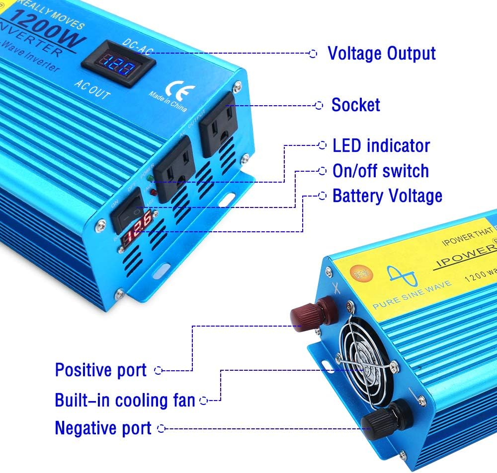 1200W Pure Sine Wave Power Inverter with 2 AC Outlets and LCD Display N787