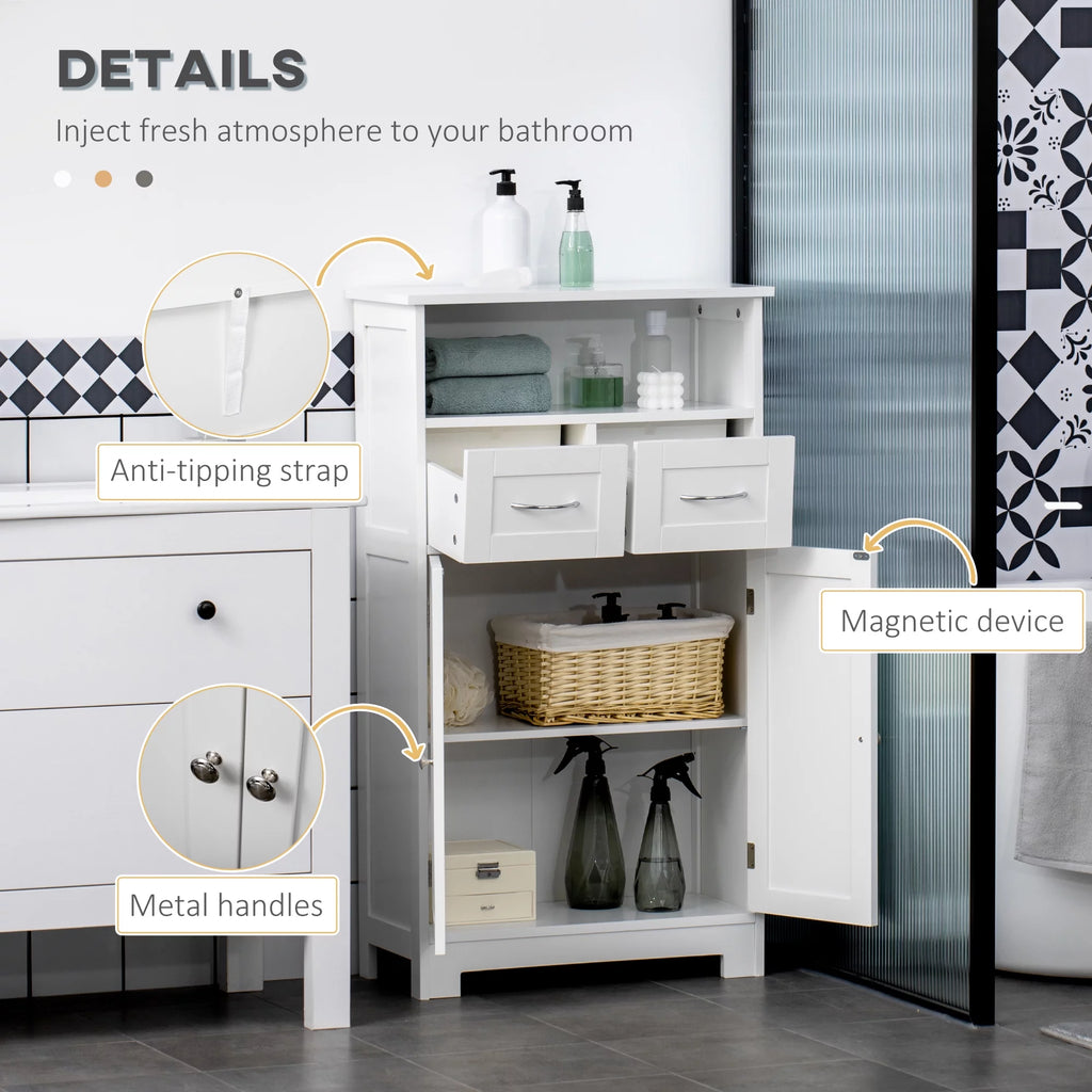 White Freestanding Bathroom Cabinet with Two Drawers and Adjustable Shelf T381