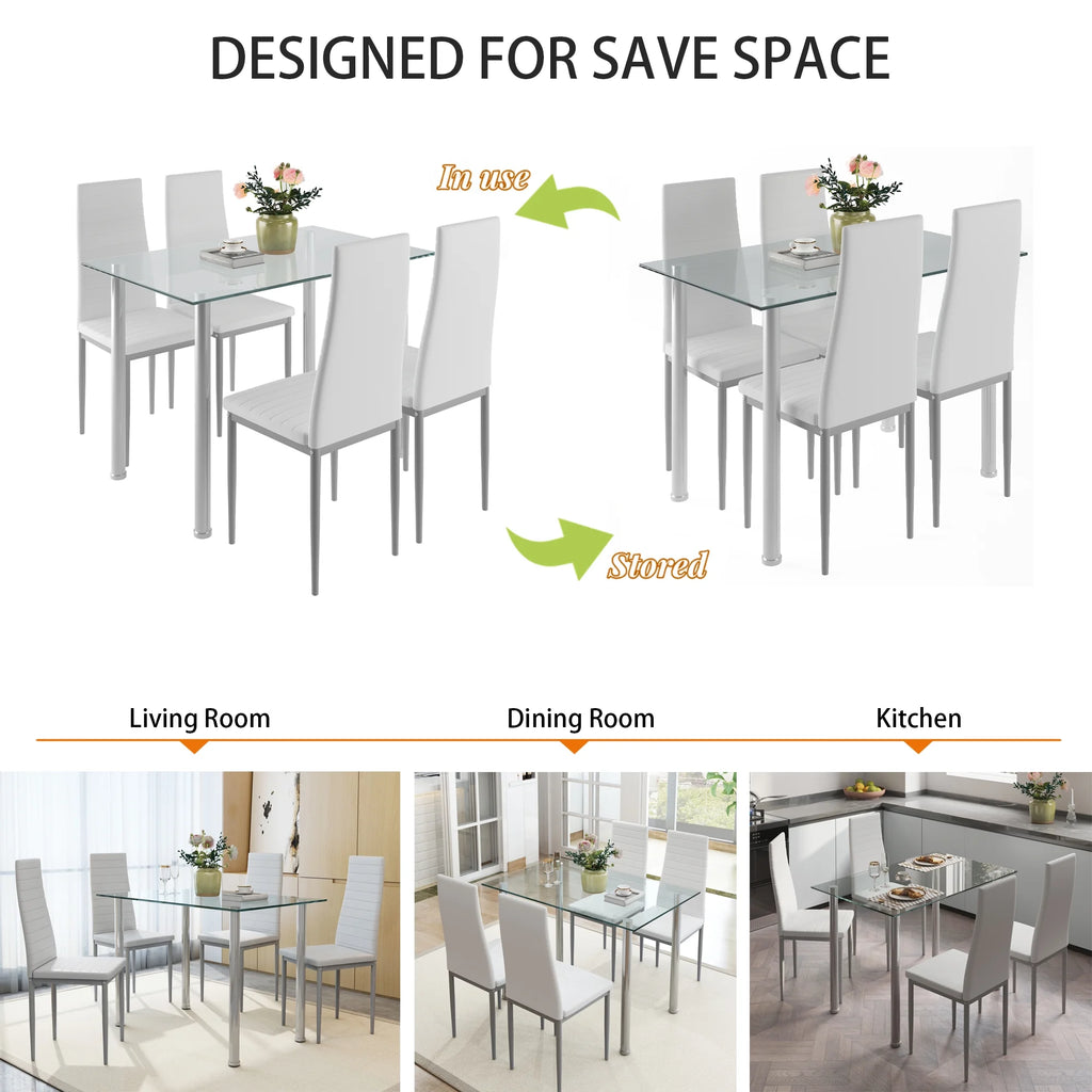 White Tempered Glass Dining Table Set for 4 with 4 PU Leather Chairs Z5005