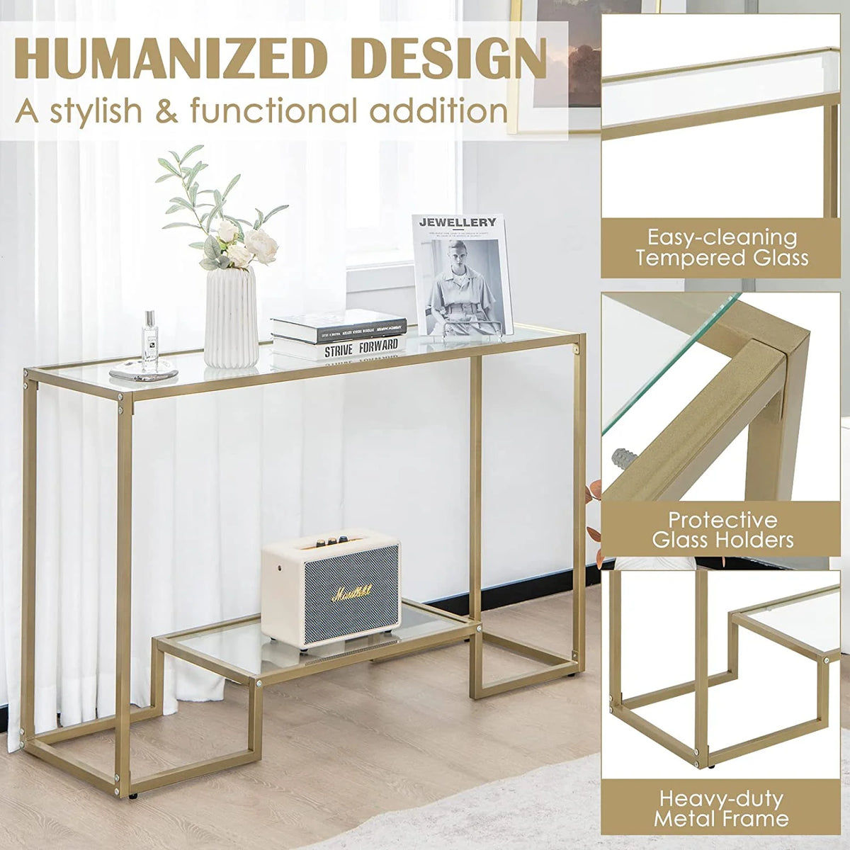 48” 2-Tier Console Table with Tempered Glass Tabletop & Golden Metal Frame O186505