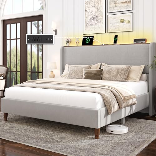 Queen Size Linen Upholstered Platform Bed Frame with Storage Shelf O889