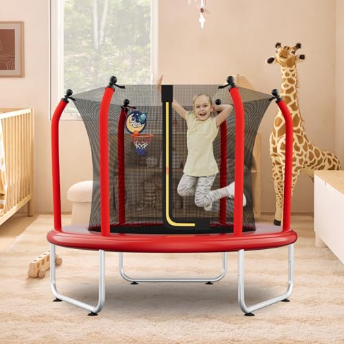 55" Toddler Trampoline with Safety Enclosure Net, Basketball Hoop U682