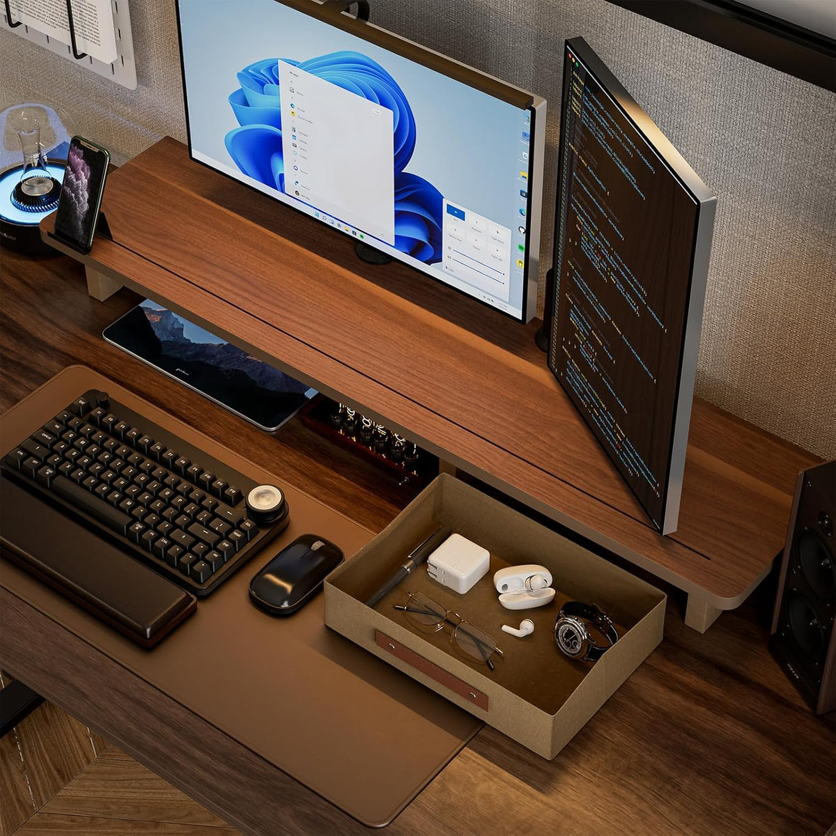 Dual Monitor Riser with Drawers N7046