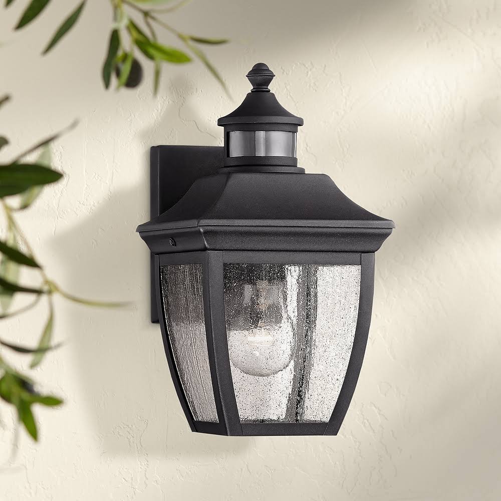Black 12 inch Clear Seedy Glass Motion Sensor Outdoor Wall Light I418875