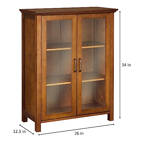 Oiled Oak Wooden Freestanding Floor Cabinet with 2 Adjustable Shelves and 2 Glass Paneled Doors U2275
