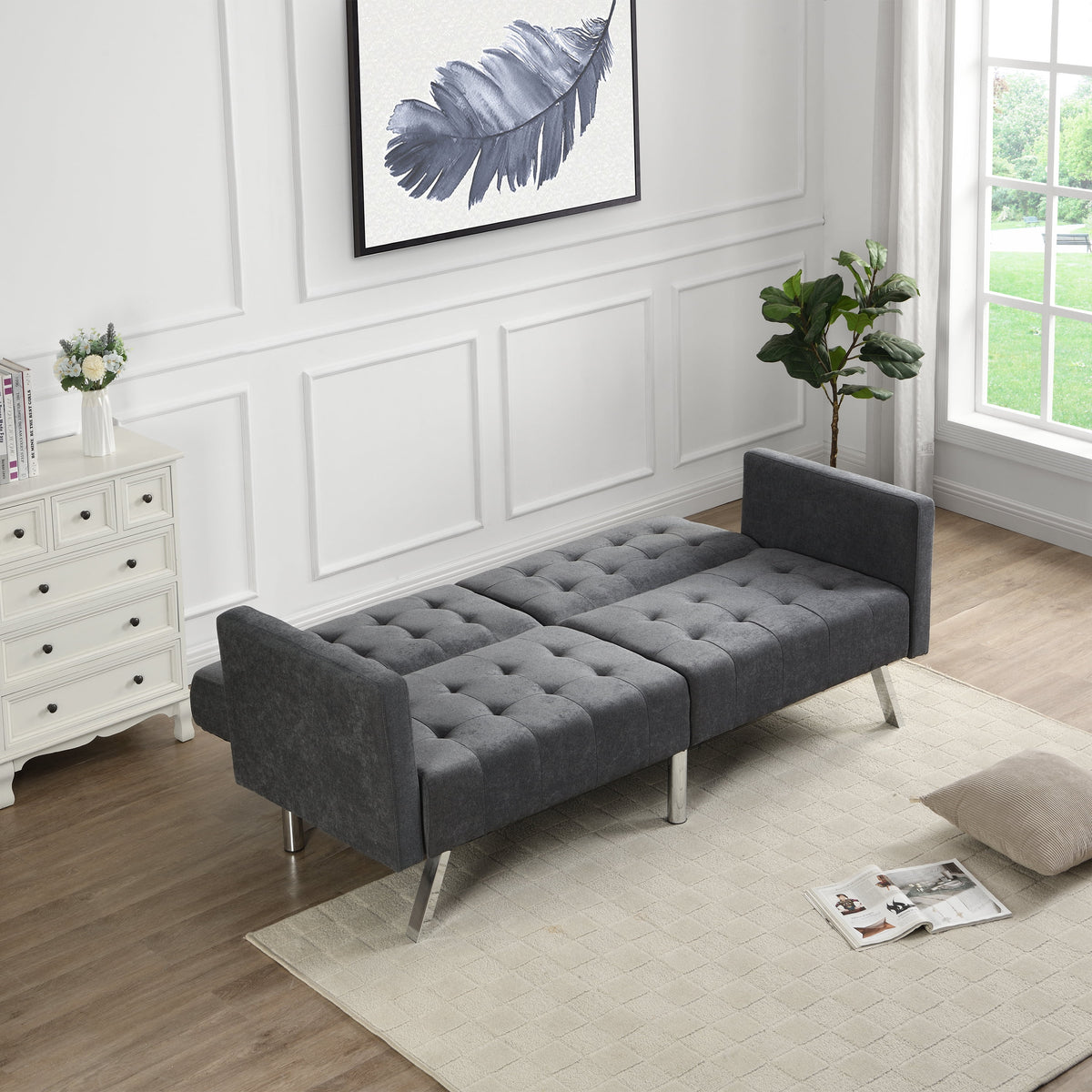 Dark Grey Convertible Linen Sofa Bed A438