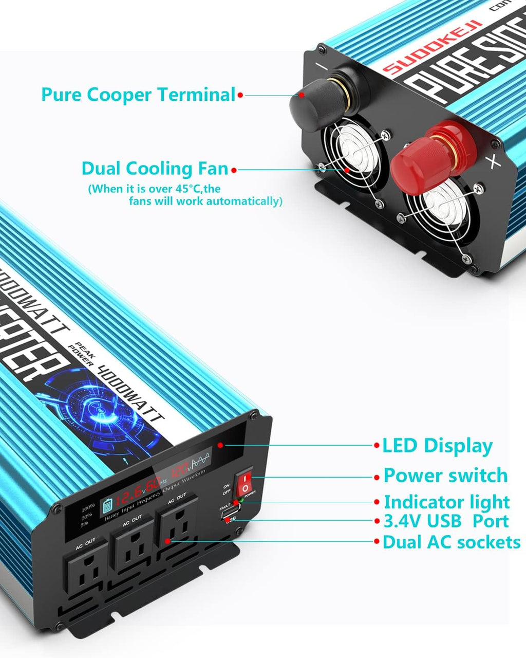 2000W Pure Sine Wave Power Inverter 12V DC to AC 110V/120V Converter with LCD Display F531591