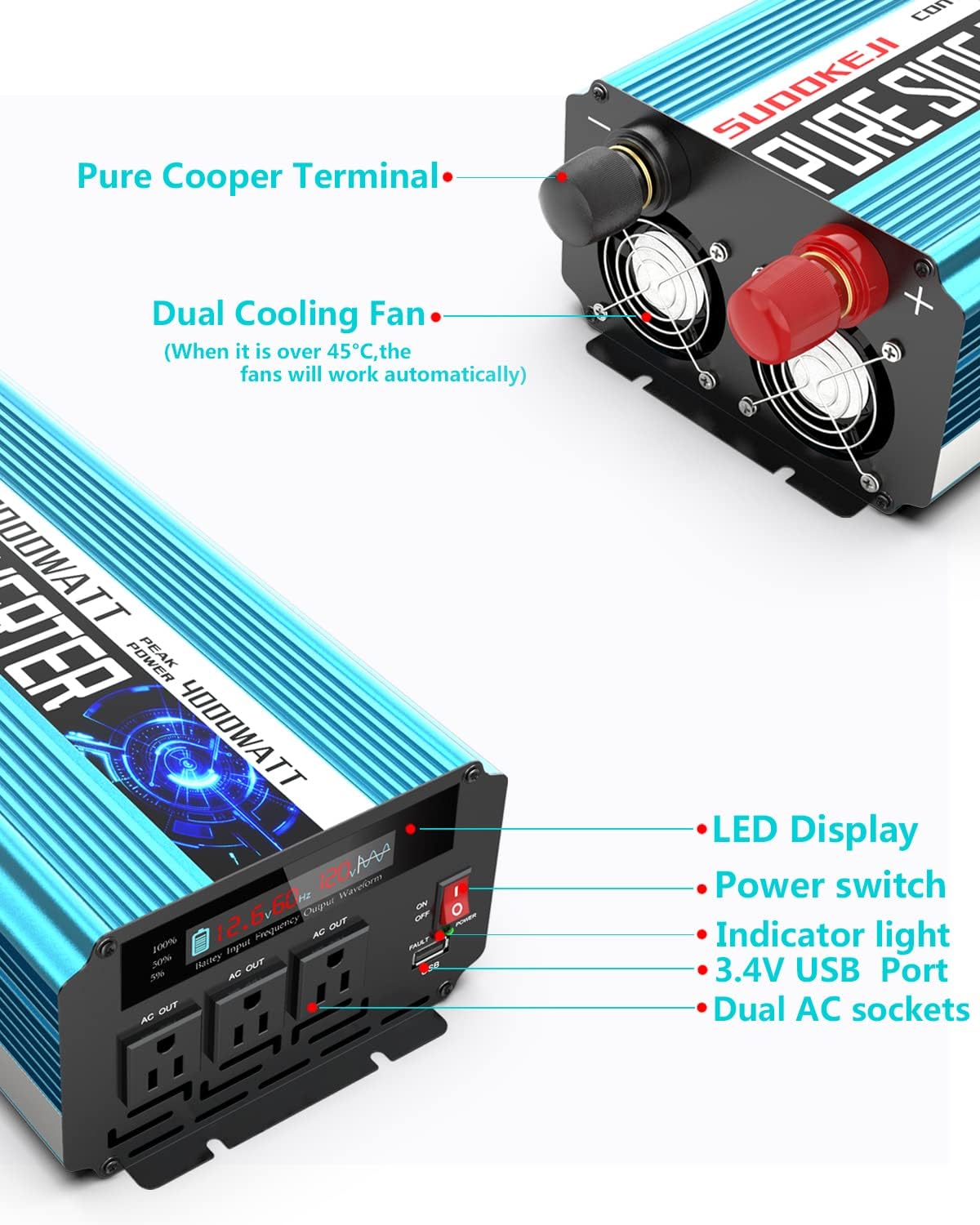 2000W Pure Sine Wave Power Inverter 12V DC to AC 110V/120V Converter with LCD Display F531591