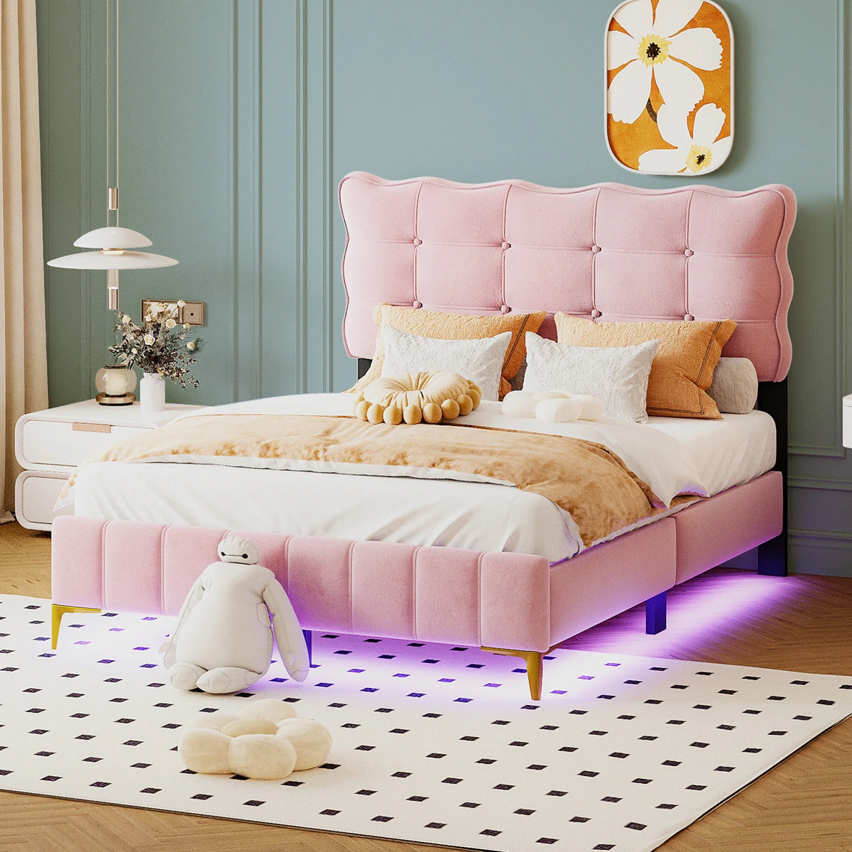 Queen Size Beige Velvet Upholstered Platform Bed with LED U32448
