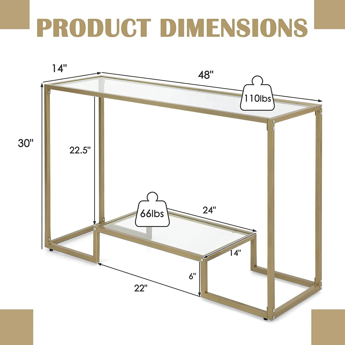 48” 2-Tier Console Table with Tempered Glass Tabletop & Golden Metal Frame O186505