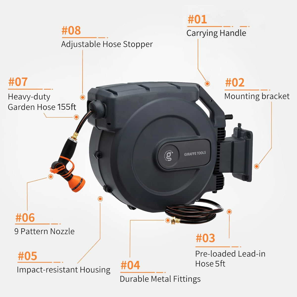 Retractable Wall Mounted Garden Hose Reel 1/2" x 155+5 ft O16380