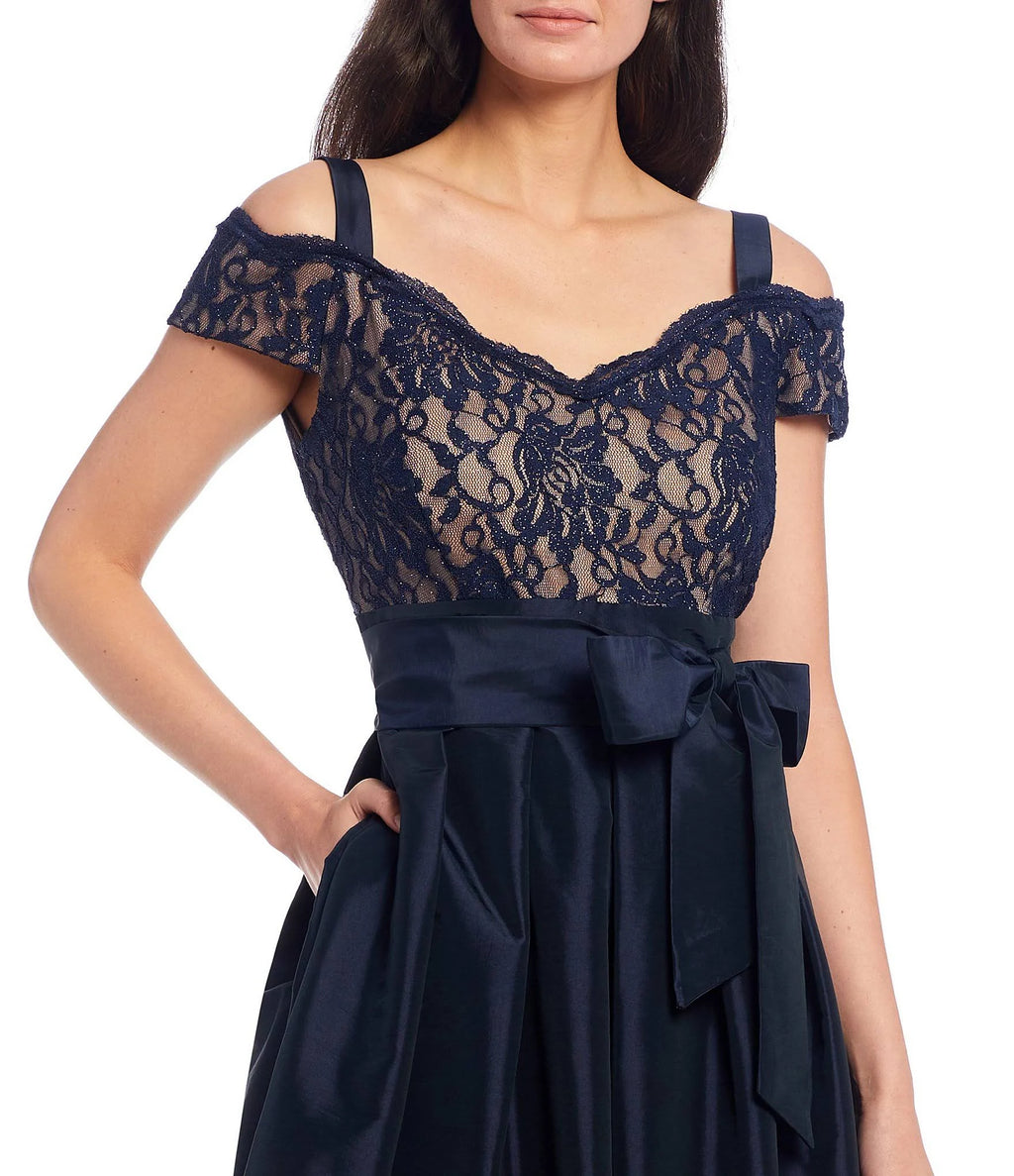 Black Taupe Lace Cold-Shoulder Gown V3925