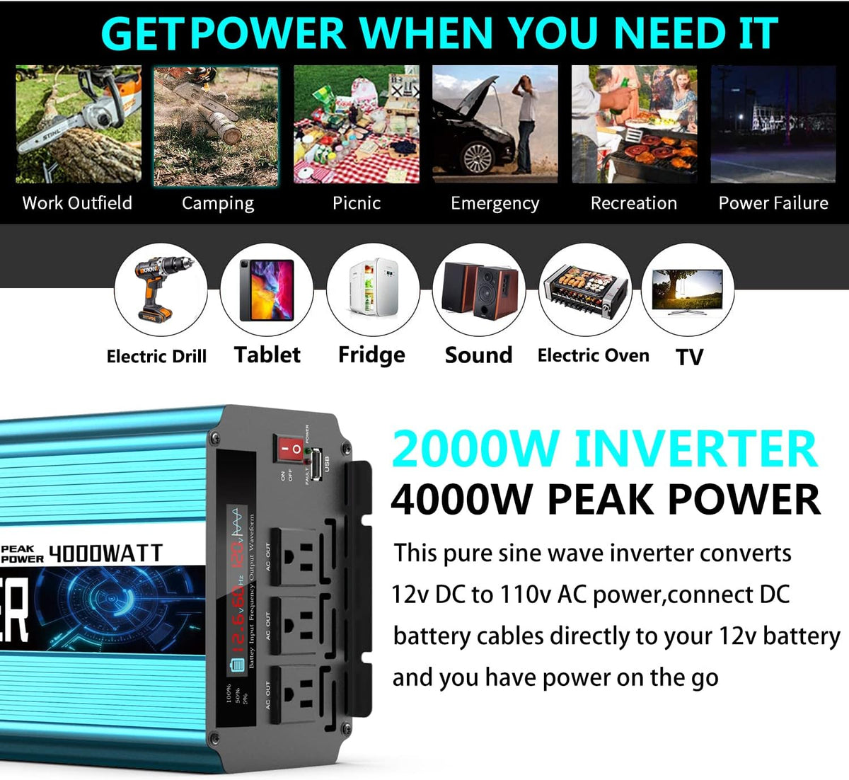 2000W Pure Sine Wave Power Inverter 12V DC to AC 110V/120V Converter with LCD Display F531591