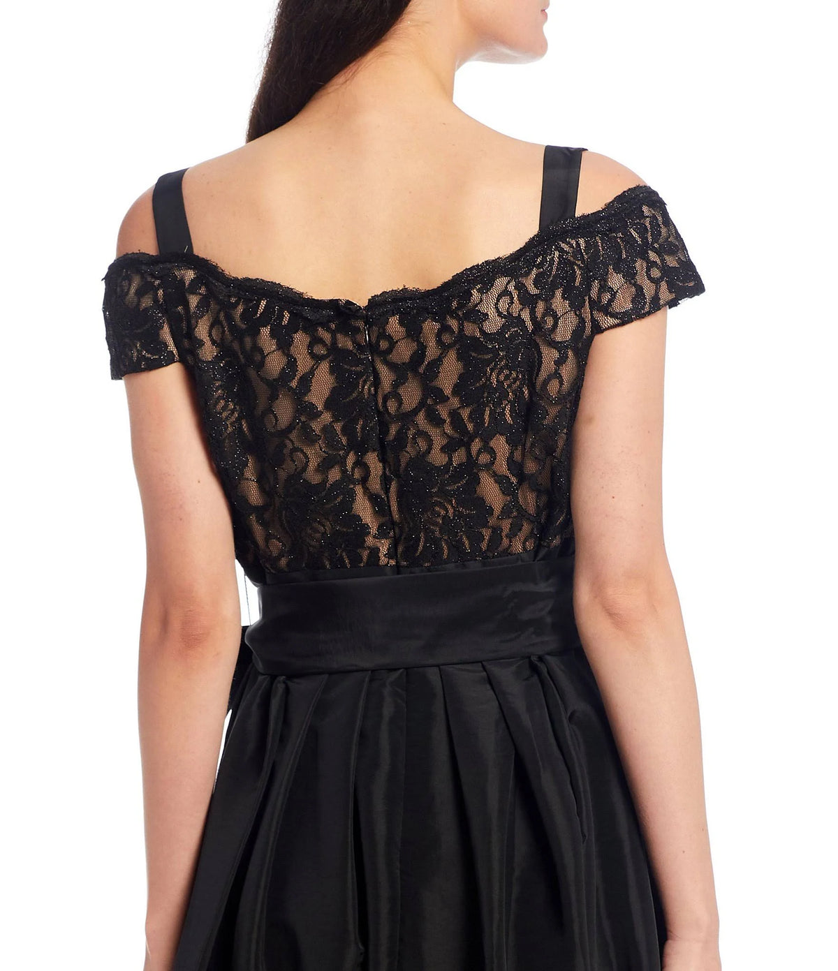 Black Taupe Lace Cold-Shoulder Gown V3925