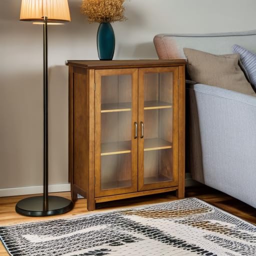 Oiled Oak Wooden Freestanding Floor Cabinet with 2 Adjustable Shelves and 2 Glass Paneled Doors U2275
