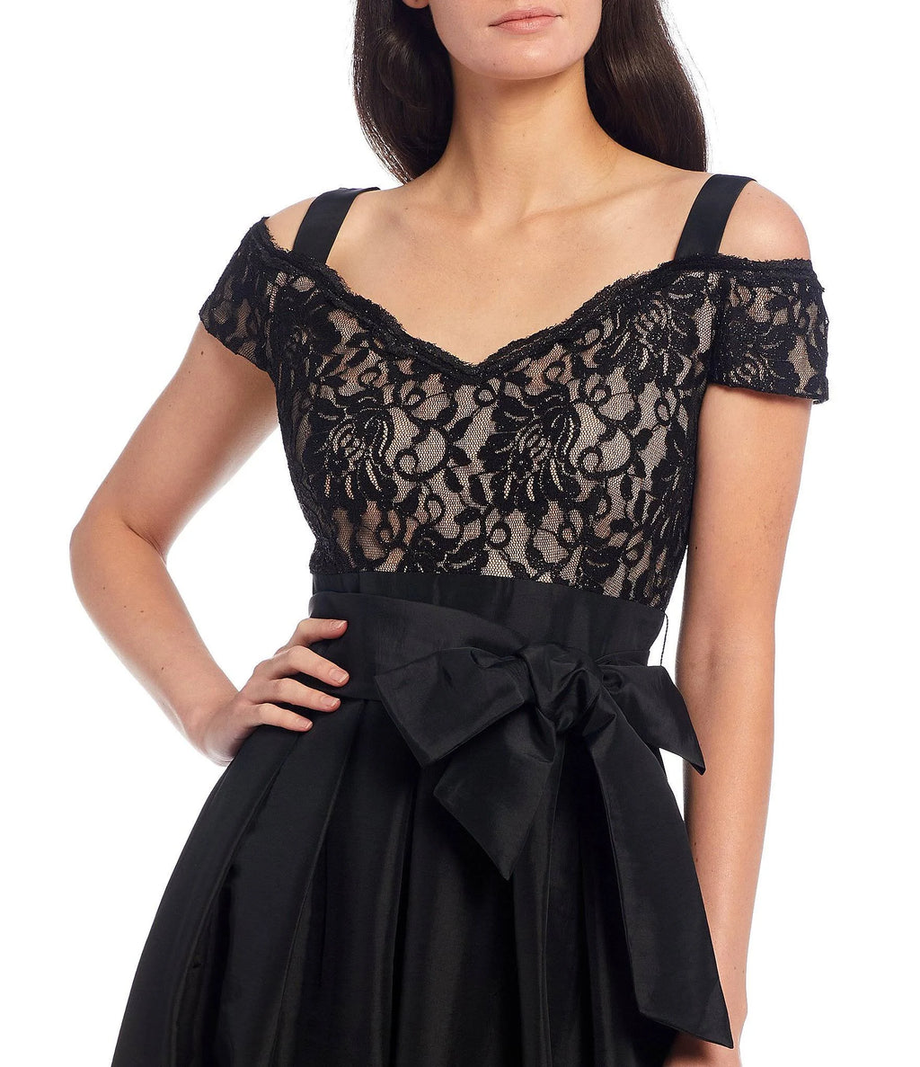 Black Taupe Lace Cold-Shoulder Gown V3925