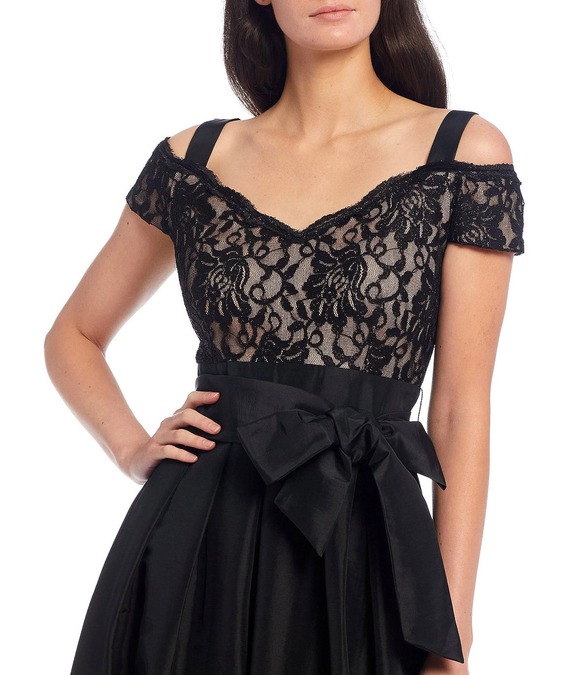 Black Taupe Lace Cold-Shoulder Gown V3925
