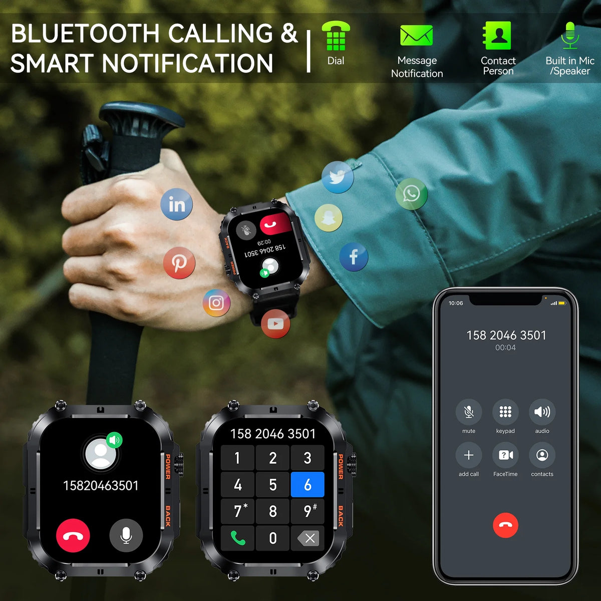 Rugged Tactical Smart Watch with 1.96'' HD Outdoor Fitness Tracker M367533