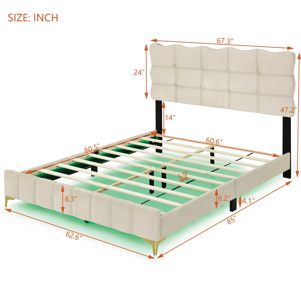 Queen Size Beige Velvet Upholstered Platform Bed with LED U32448
