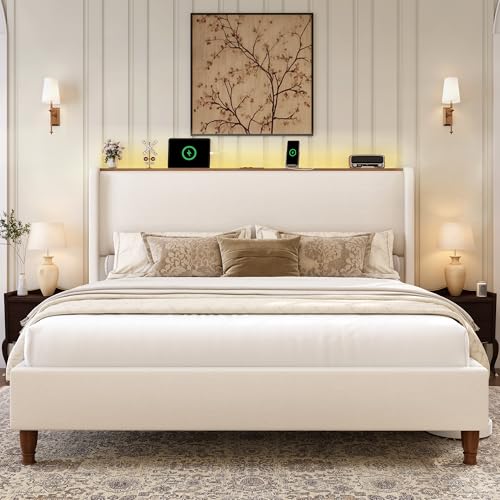 Queen Size Linen Upholstered Platform Bed Frame with Storage Shelf O889