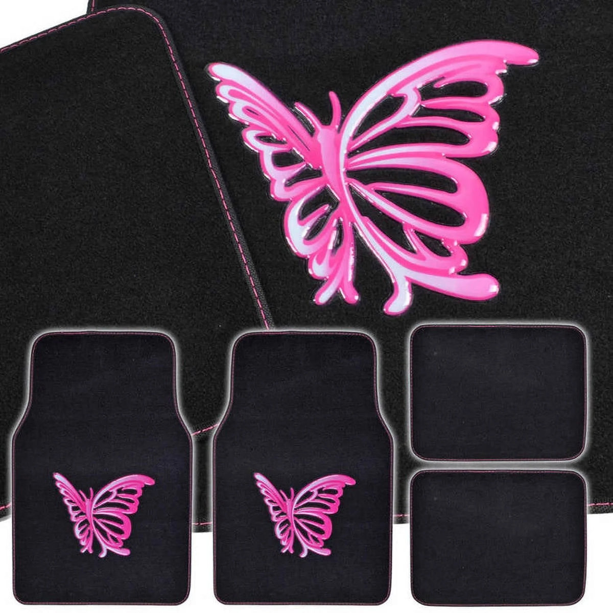 Pink Butterfly Design Carpet Car Floor Mats Full Set with Rubber Backing C1952