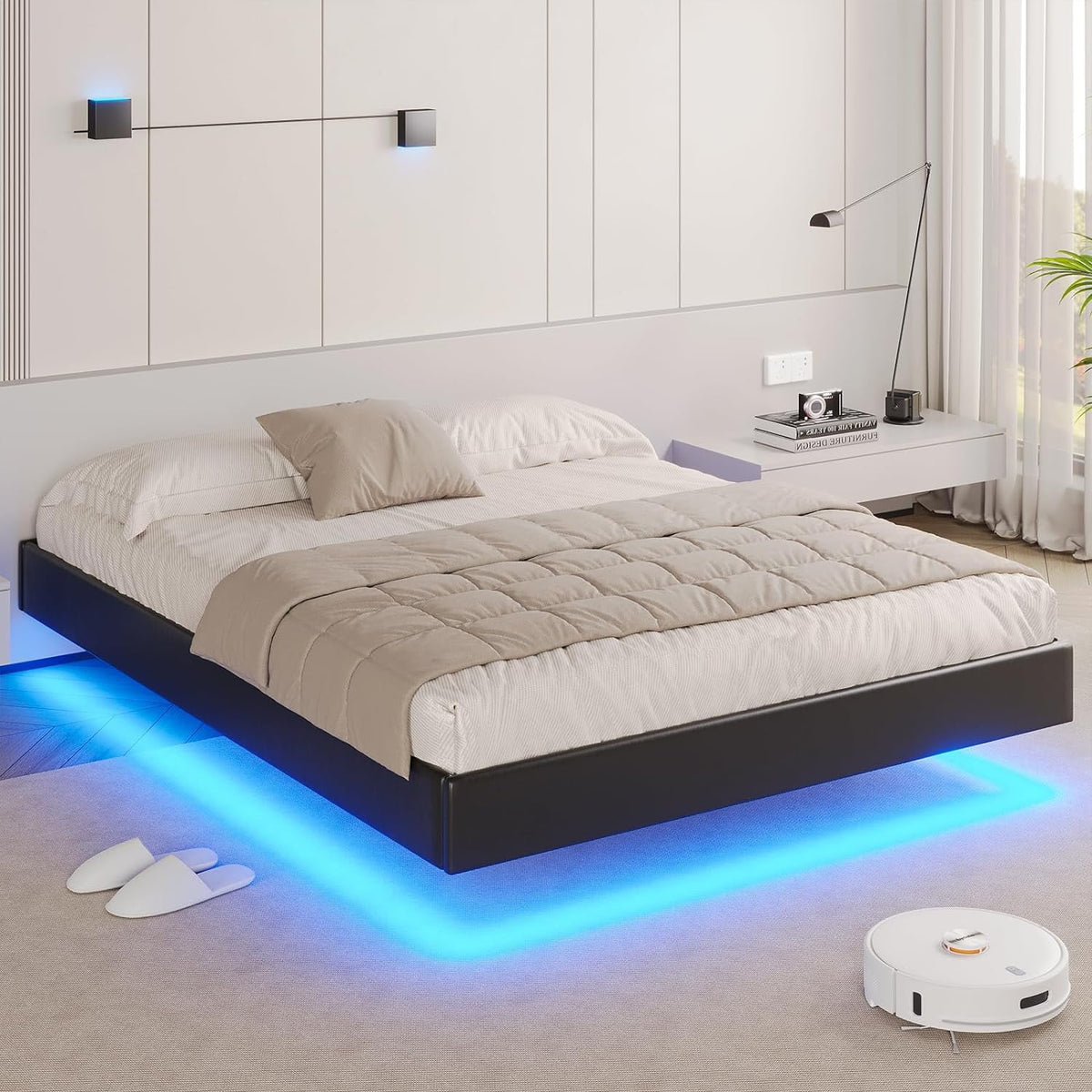 Queen Size Black Faux Leather Upholstered Platform Bed Frame with LED Lights Z2249