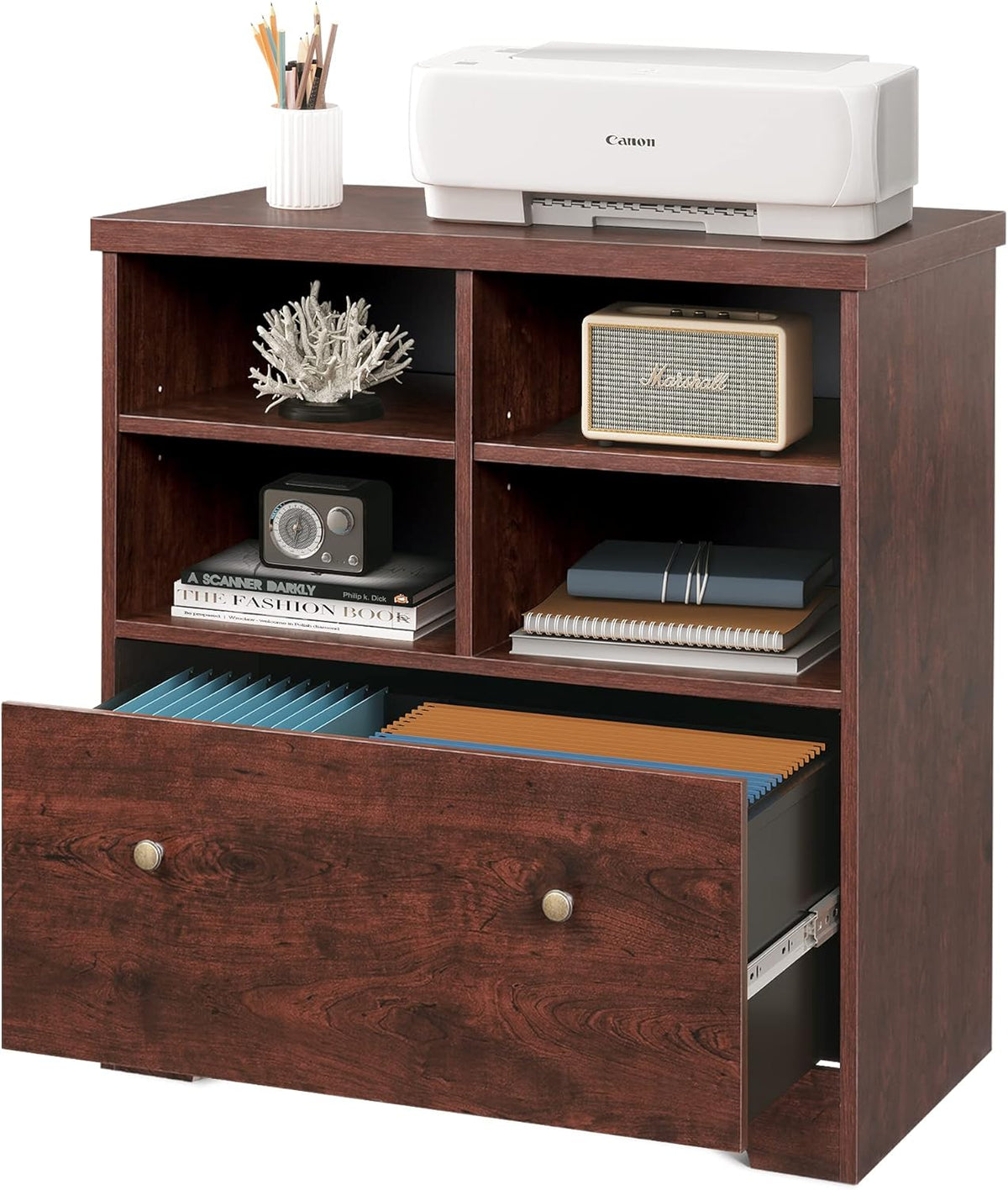 Cherry Wood Lateral File Cabinet with 2 Open Shelves E35521