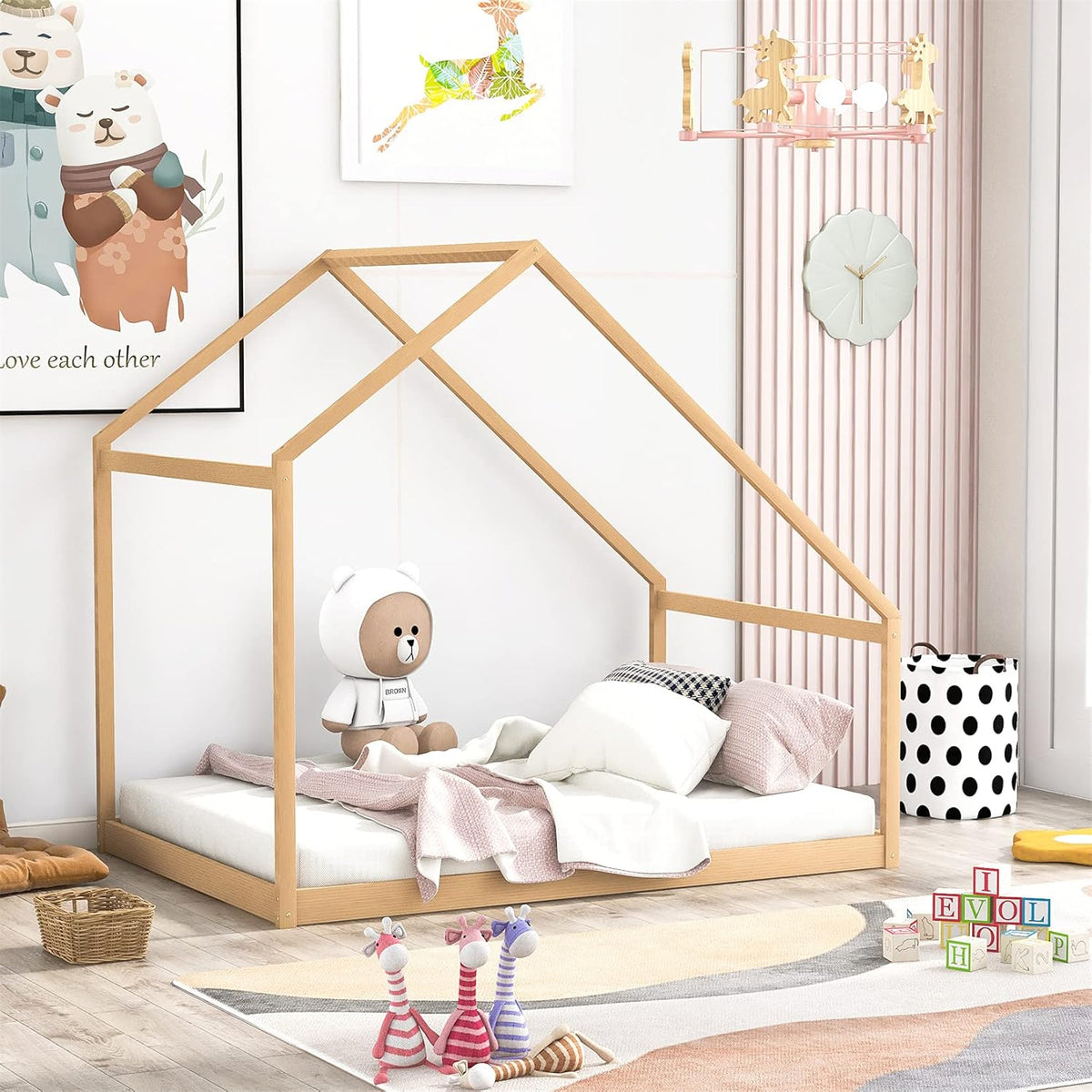White Wood Twin Size House Bed Frame with Trundle K697995