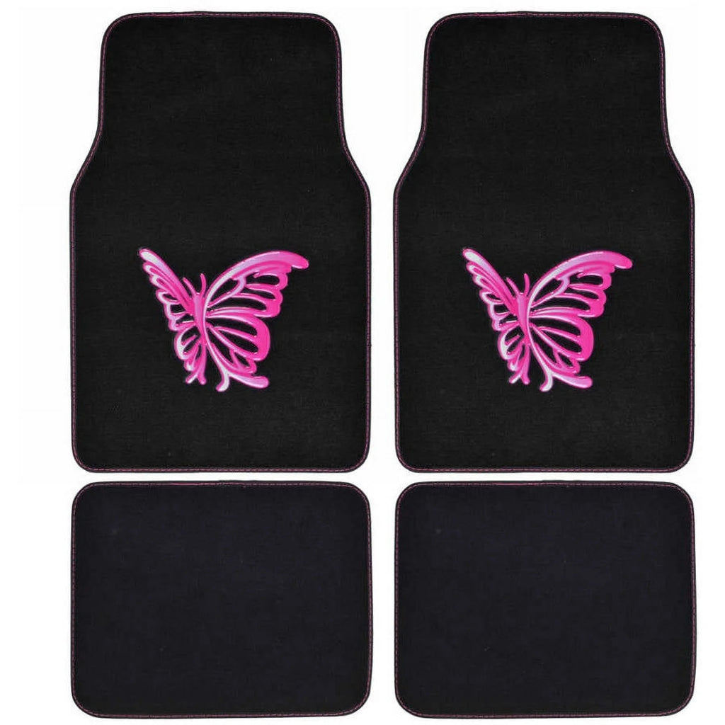 Pink Butterfly Design Carpet Car Floor Mats Full Set with Rubber Backing C1952