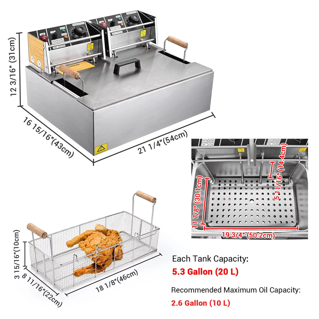 5000W 20L Electric Deep Fryer Stainless Steel Single Large Tank Basket Lid X167209